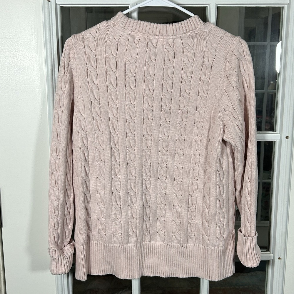L.L.‎ Bean Blush Pink Cable Knit Crewneck Sweater Cotton Size L Coastal Preppy